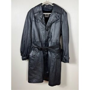 Vintage 70s Sears The Leather Shop Mens Leather Belted Trench Coat 40R Black